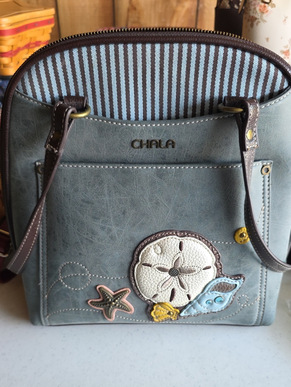 Chala Teal Faux Leather Beach Applique Shoulder Bag